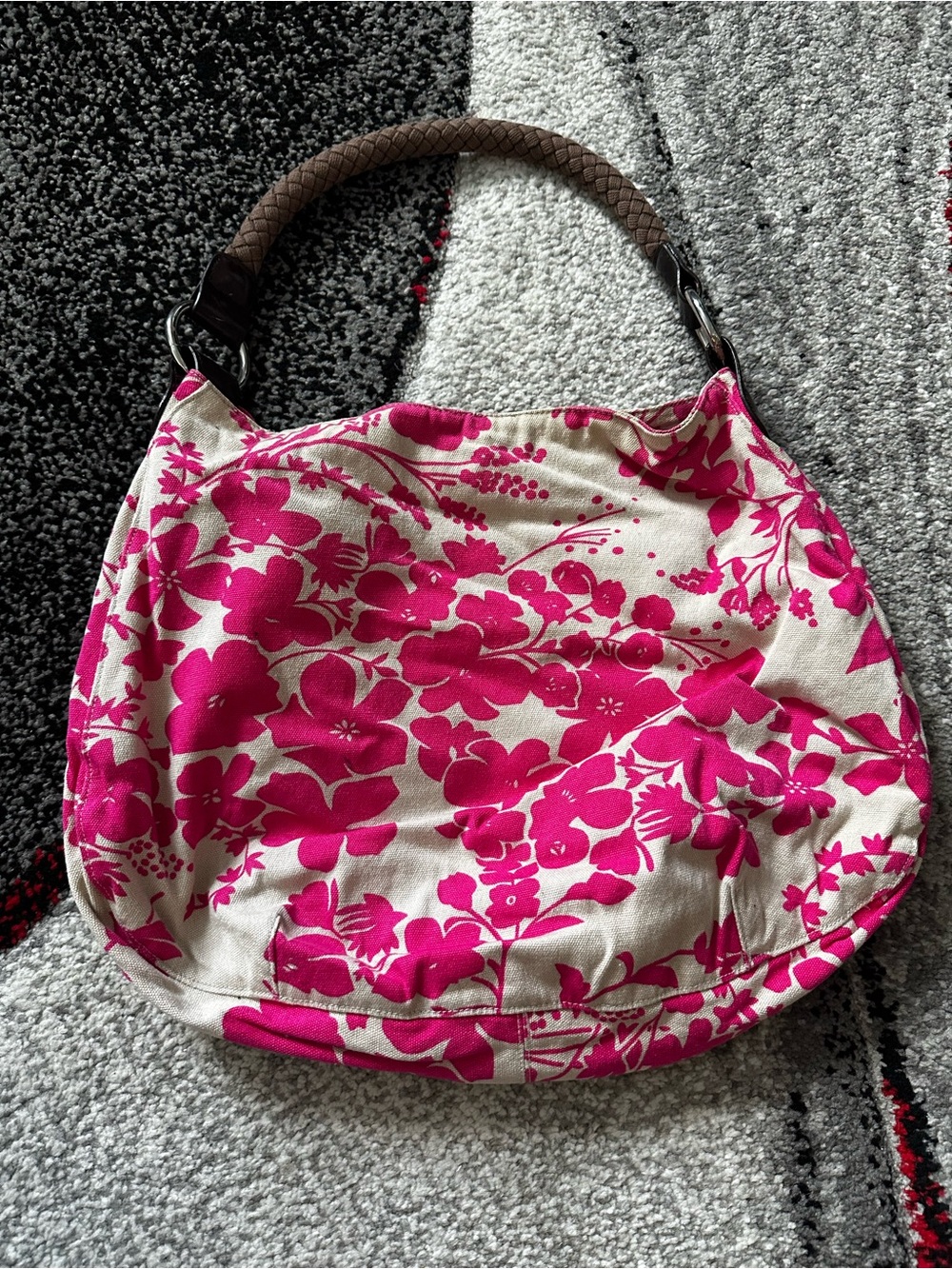 Old Navy Pink Floral Canvas Hobo Bag with Braided Handle